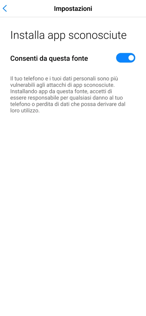Attiva fonti sconosciute su Winnita per installazione app.
