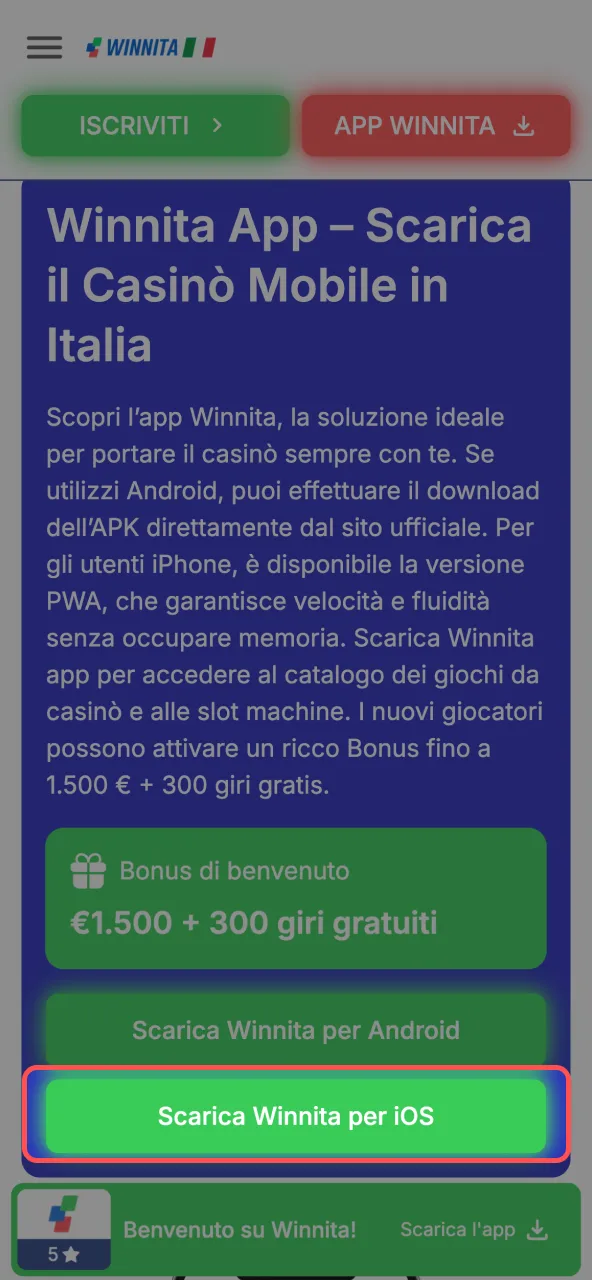 Winnita clicca pulsante qui sotto per download iOS.