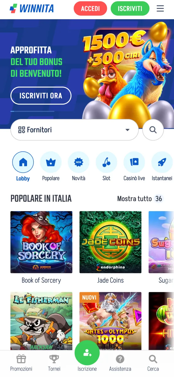 Schermata iniziale app Winnita.