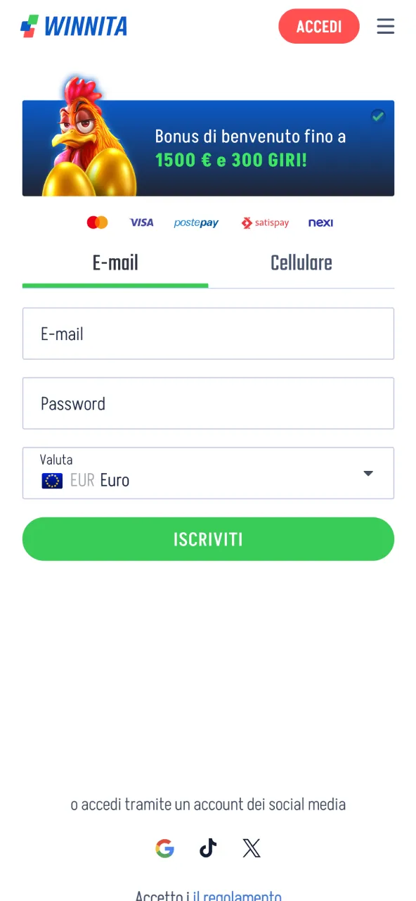 Schermata registrazione app Winnita.