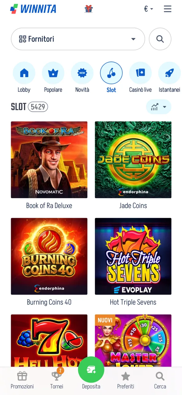 Sezione slot Winnita con molti giochi.