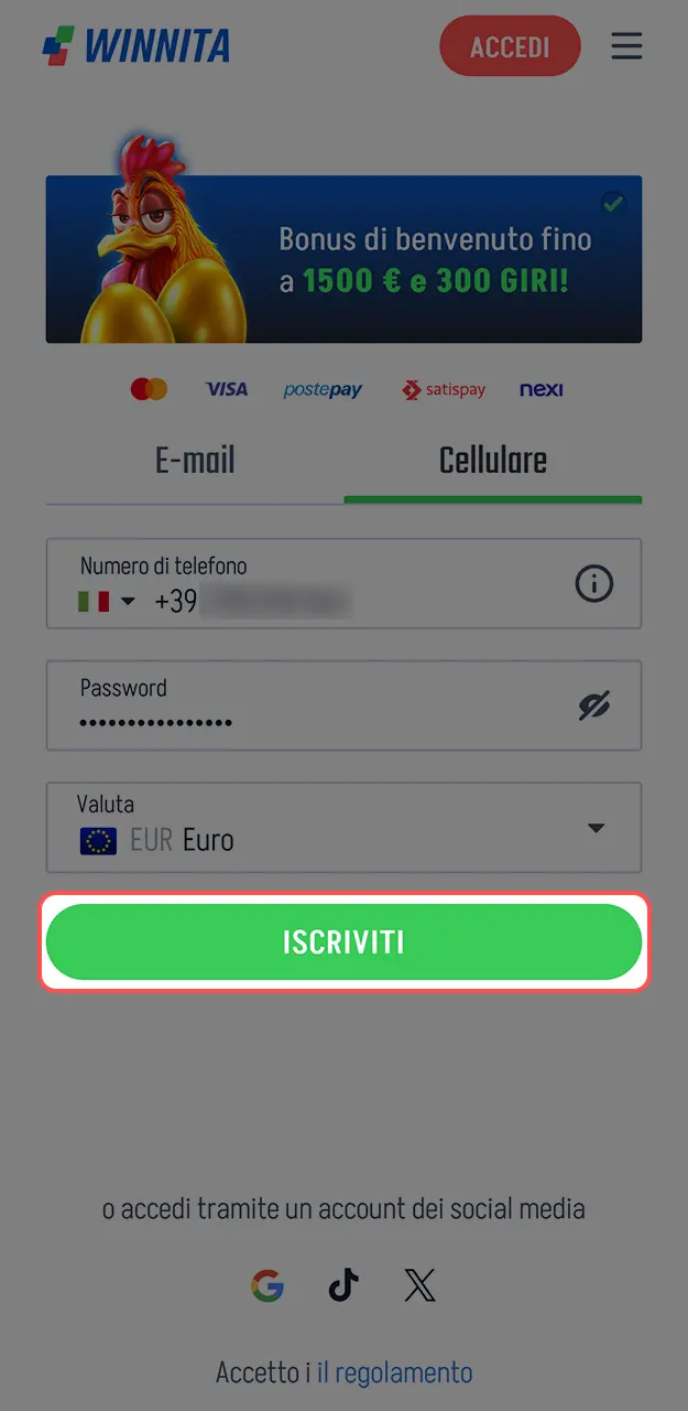 Conferma la creazione del tuo account per giocare da mobile su Winnita.