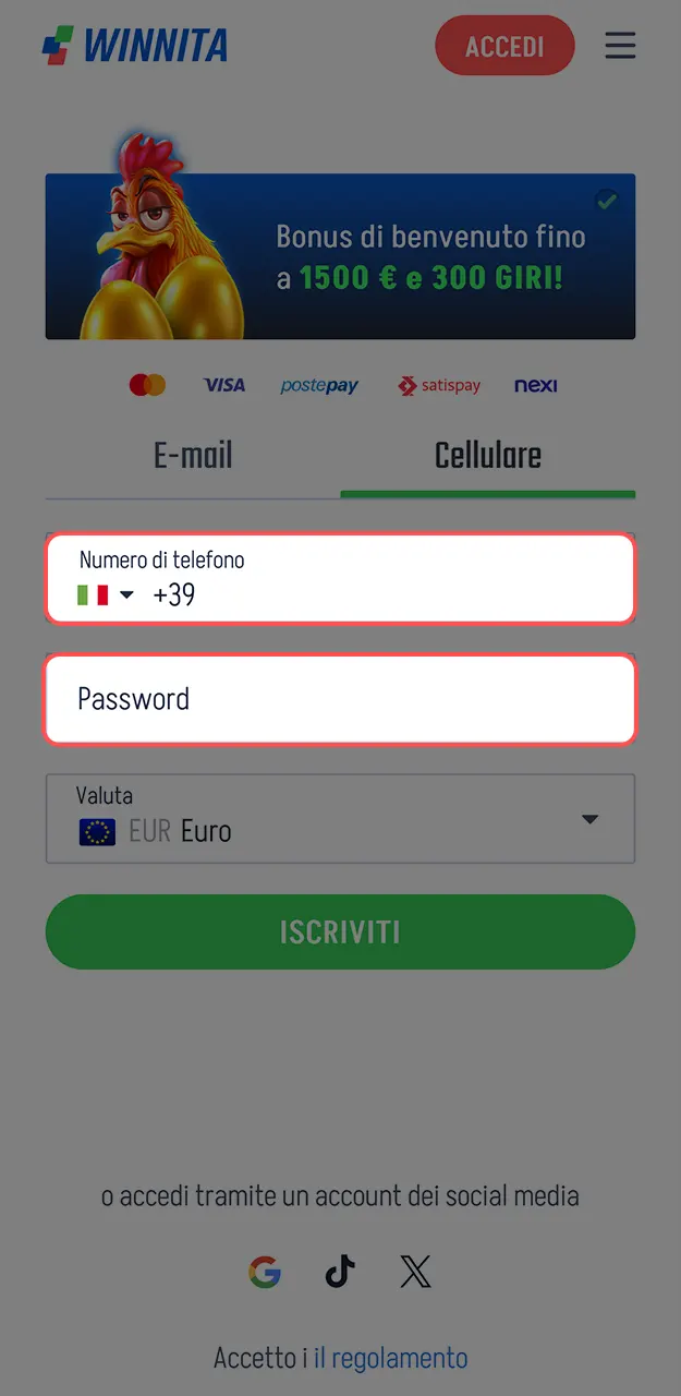 Compila i campi obbligatori al momento della registrazione su Winnita.