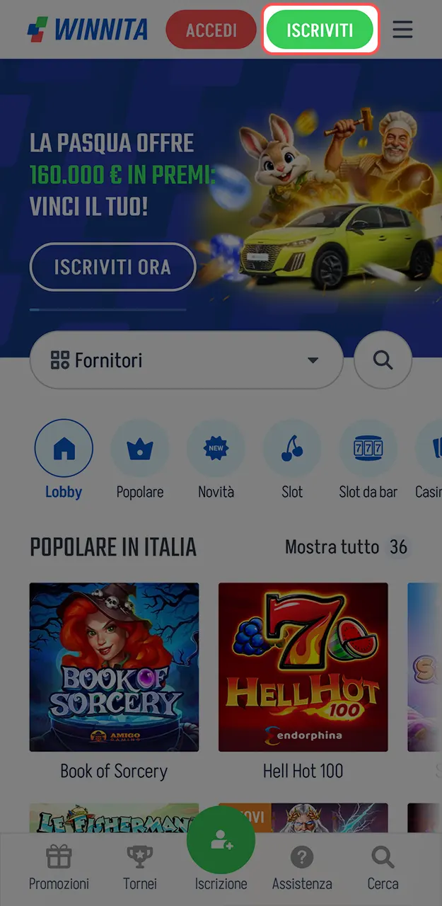 Seleziona la modalità di iscrizione preferita dall'interfaccia mobile di Winnita.