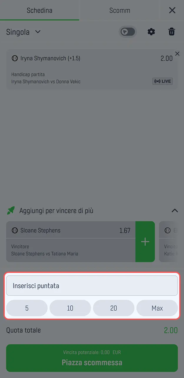 Inserisci l'importo della puntata nell'app mobile Winnita.