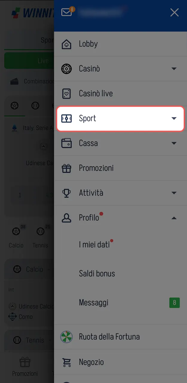 Naviga nel palinsesto sportivo e seleziona il match su cui puntare su Winnita.
