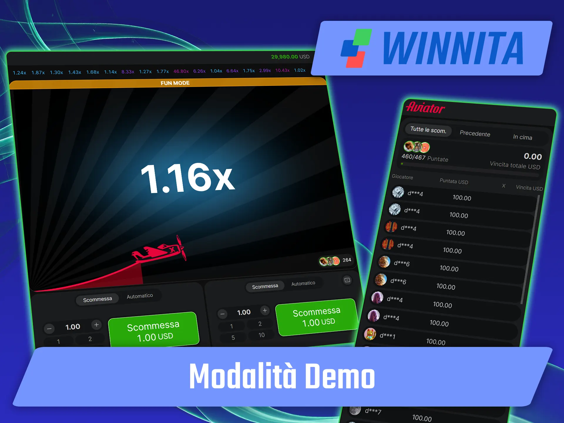 Esercitati con la versione gratuita del gioco Aviator sulla piattaforma Winnita.