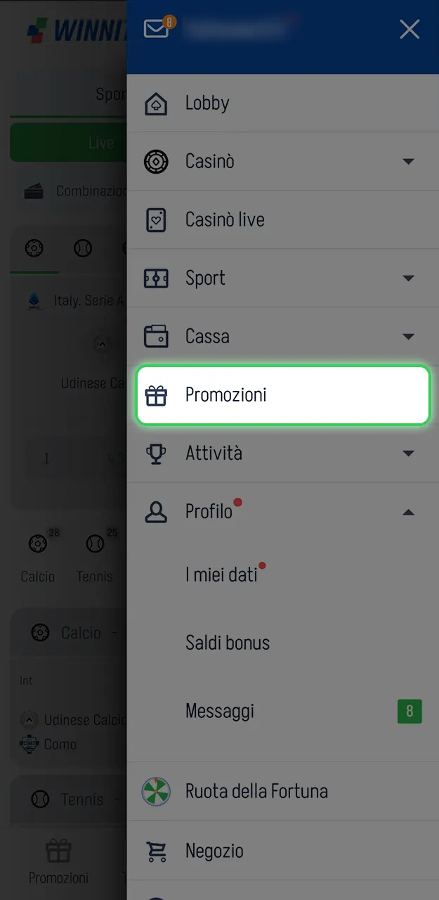 Attiva il bonus direttamente dalla tua area personale su Winnita.