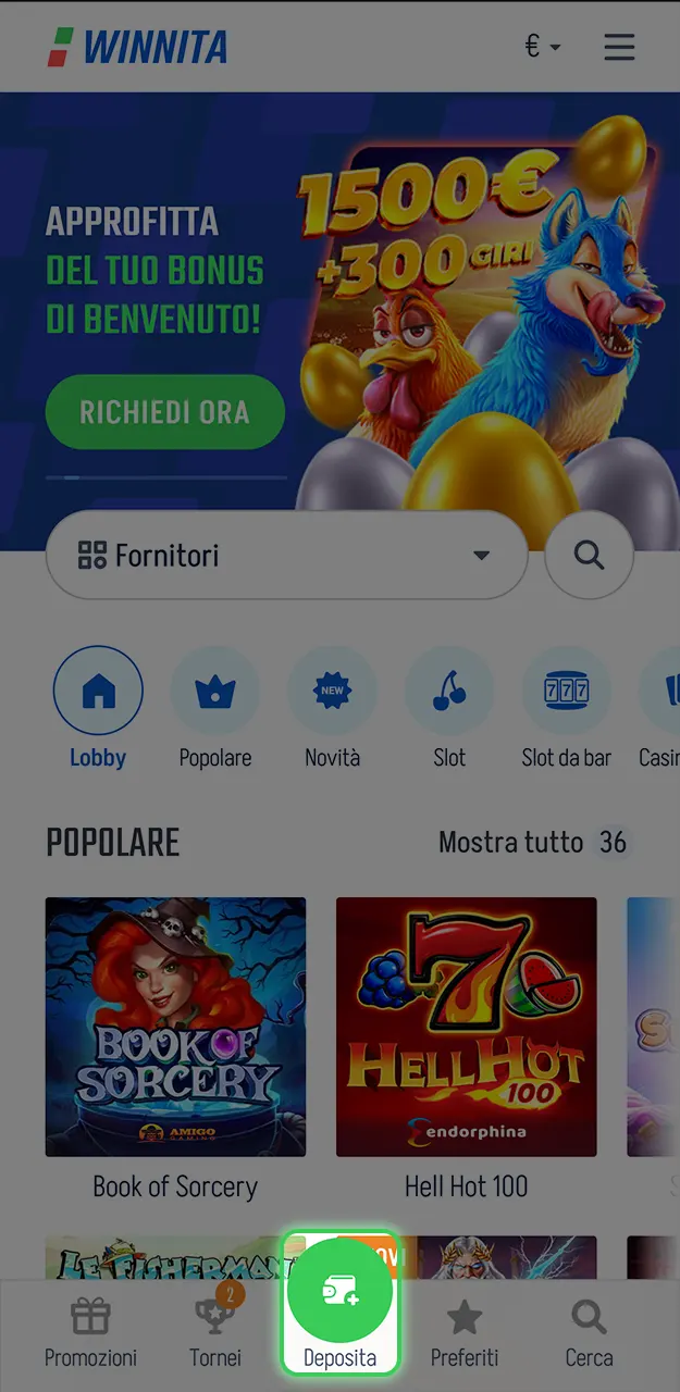 Ricarica il tuo saldo di gioco per attivare l'offerta di benvenuto su Winnita.