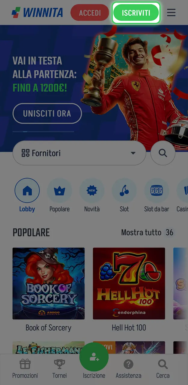 Crea il tuo nuovo account compilando il modulo d'iscrizione su Winnita.
