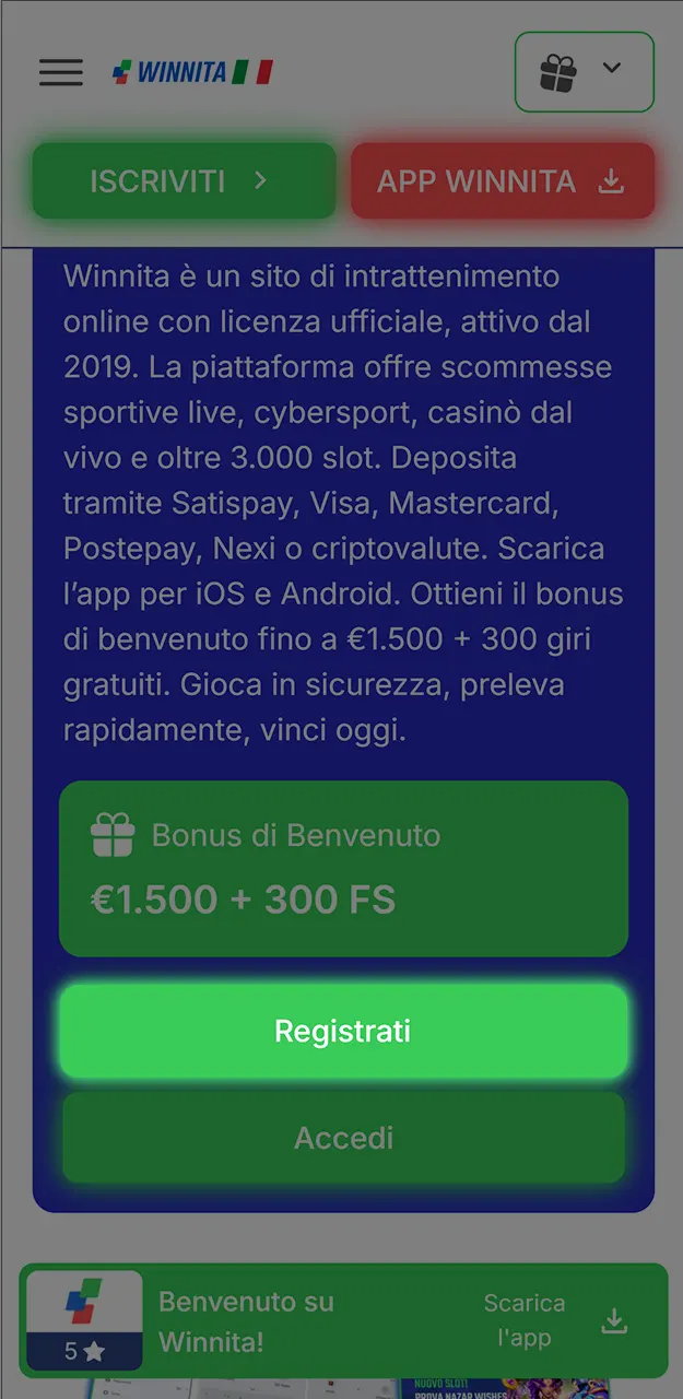 Avvia la procedura di registrazione su Winnita.