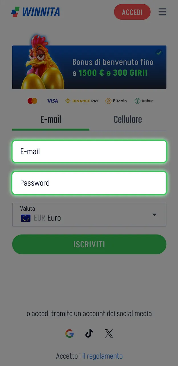 Inizia la registrazione rapida su Winnita.