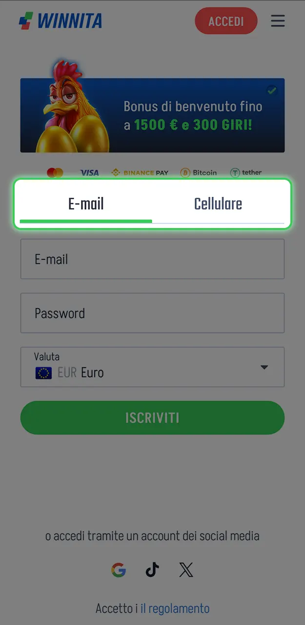 Seleziona la modalità di registrazione più comoda per te su Winnita.